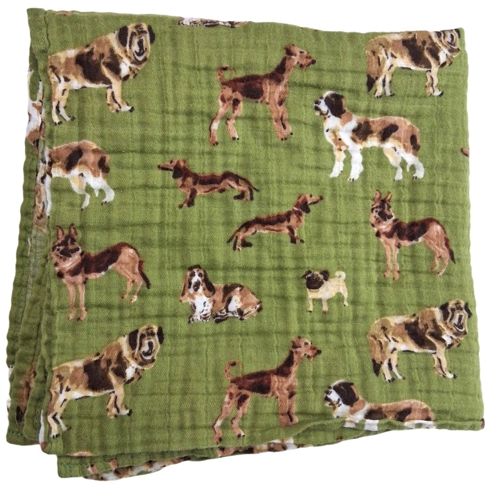 Milkbarn Dog Green Swaddle Baby Blanket Organic Cotton Muslin Cotton 46x46 Puppy